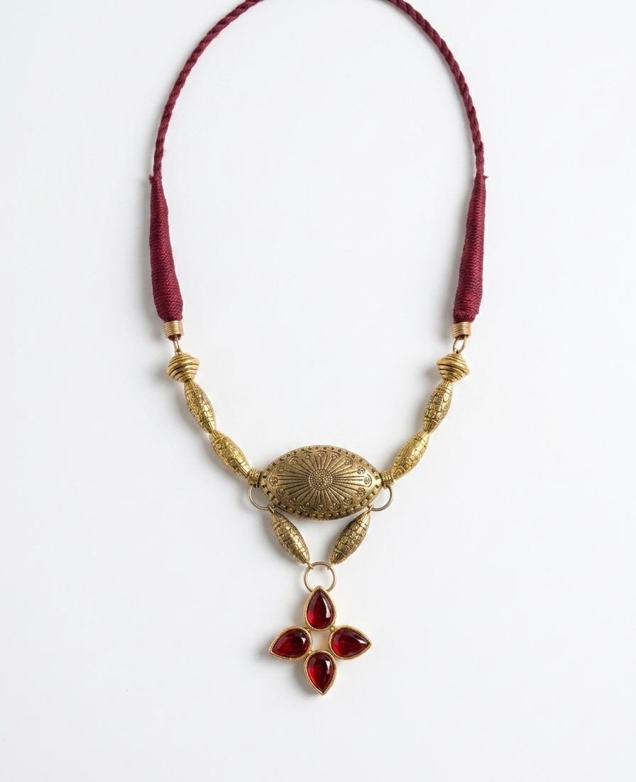 Antique Gold Sunburst Garnet Cross Pendant Necklace