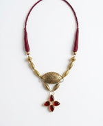 Antique Gold Sunburst Garnet Cross Pendant Necklace