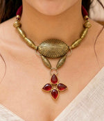 Antique Gold Sunburst Garnet Cross Pendant Necklace