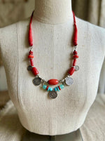 Ottoman Crescent Coin Coral Turquoise Necklace