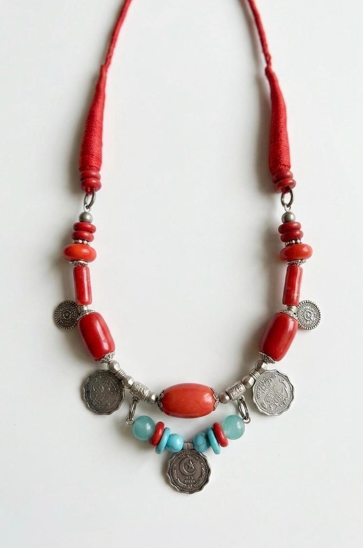 Ottoman Crescent Coin Coral Turquoise Necklace