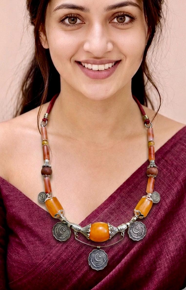 Amber Carnelian Ottoman Coin Bead Necklace