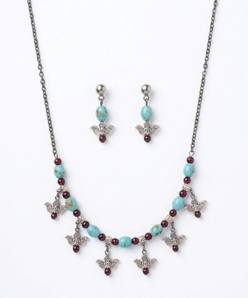 Oxidised Lotus Charm Turquoise Bead Necklace