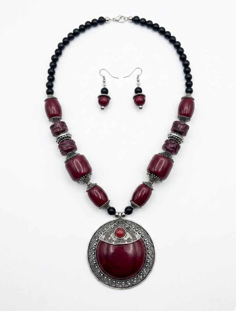 Tibetan Ruby Chunky Bead Moon Pendant Necklace