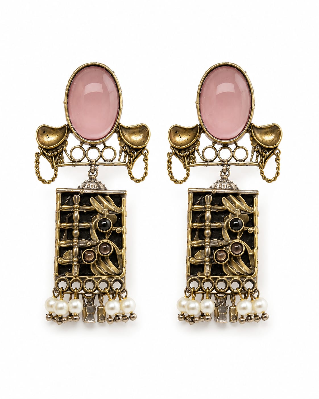 Gulnaaz Dual Tone Pink Stone Pearl Drop Tribal Earrings for Women