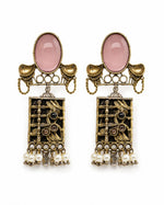 Gulnaaz Dual Tone Pink Stone Pearl Drop Tribal Earrings for Women