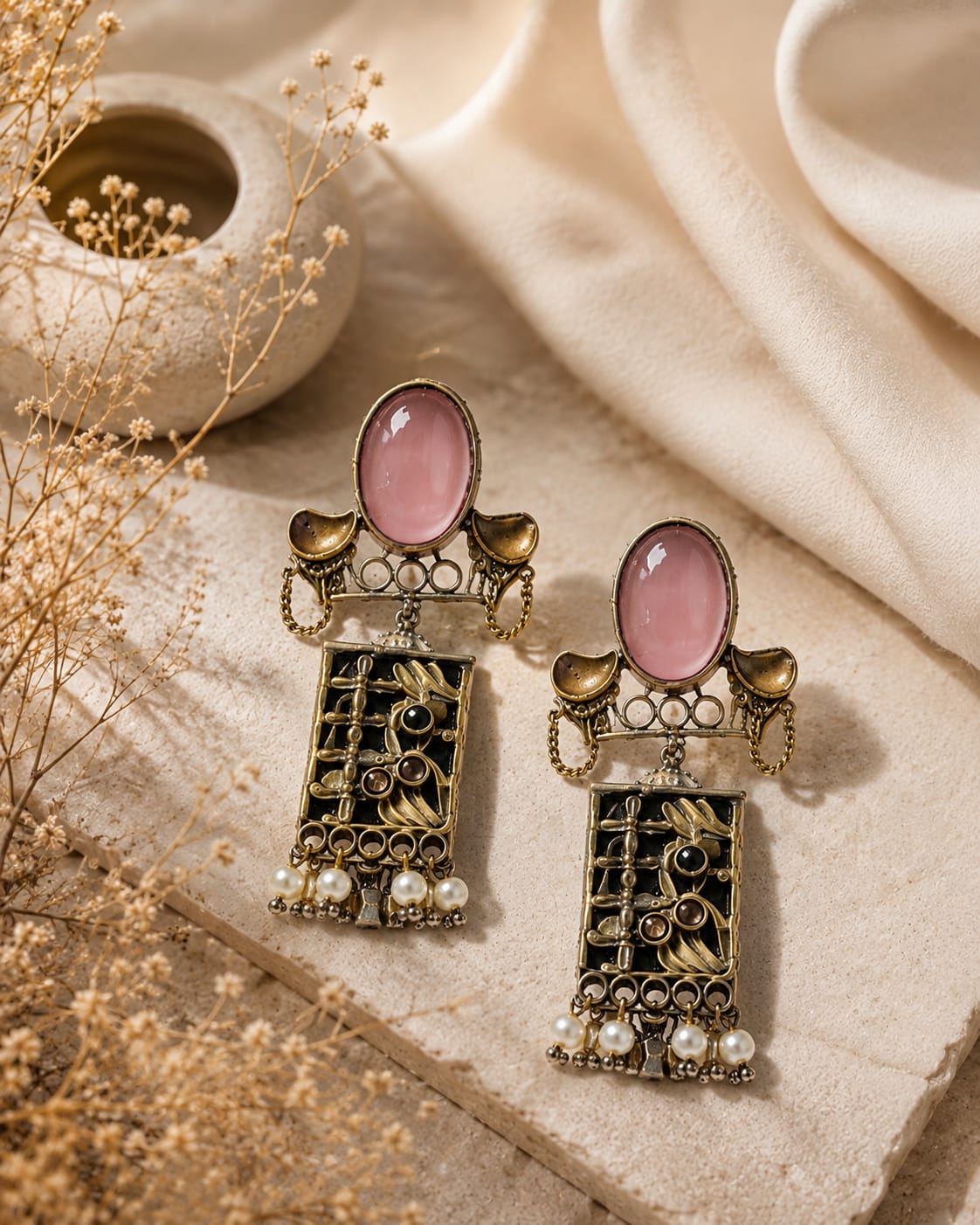 Gulnaaz Dual Tone Pink Stone Pearl Drop Tribal Earrings for Women