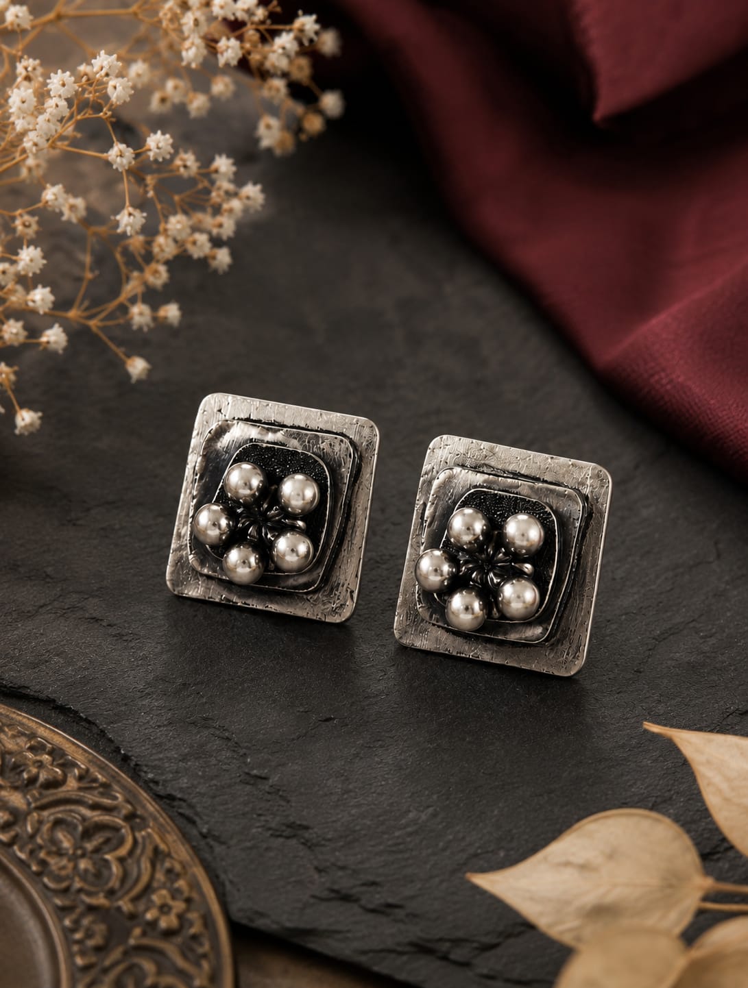 Meher Oxidised Silver Pearl Cluster Square Stud Earrings for Women