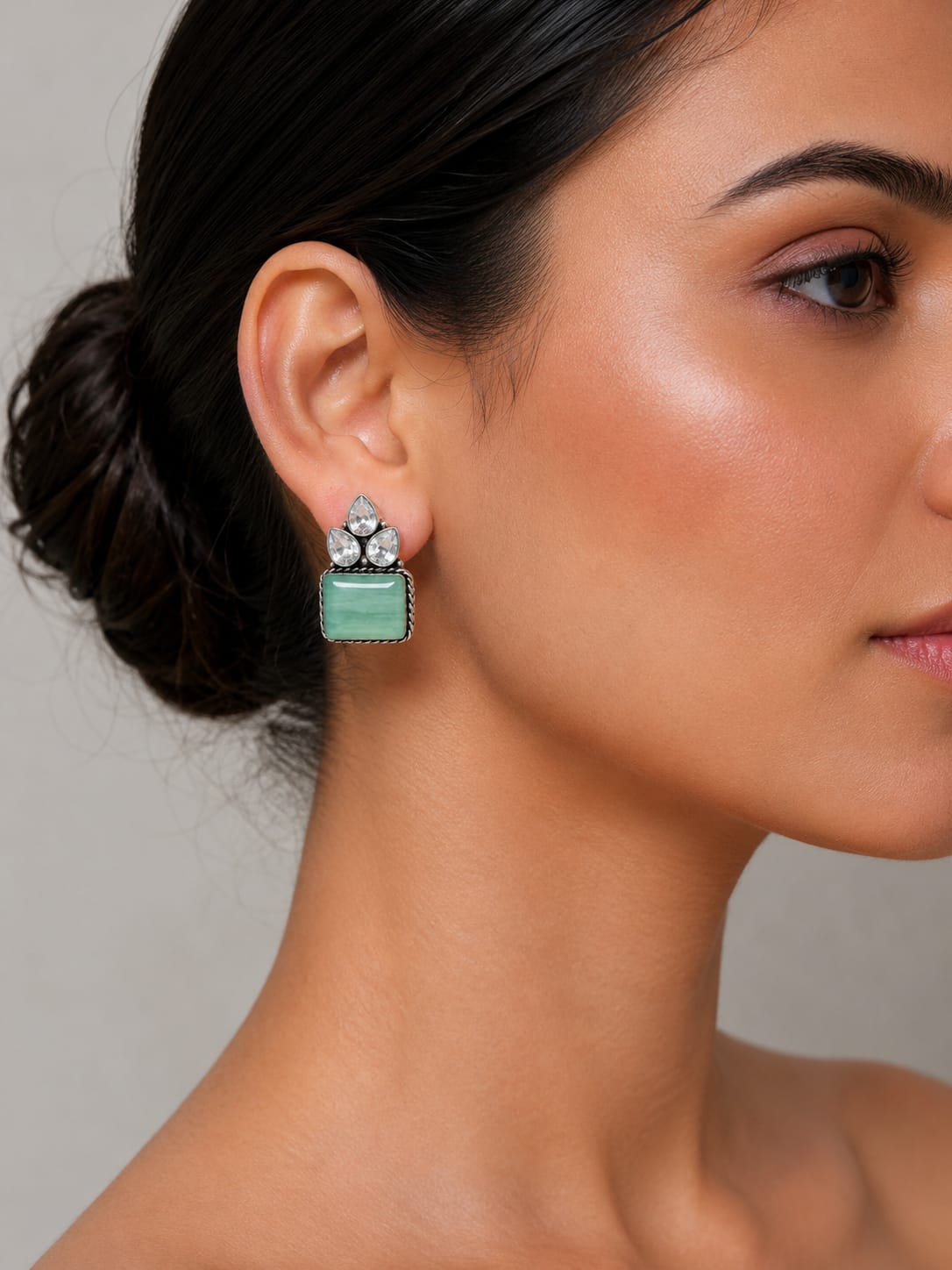 Sabz Oxidised Silver Green Stone Crystal Stud Earrings for Women