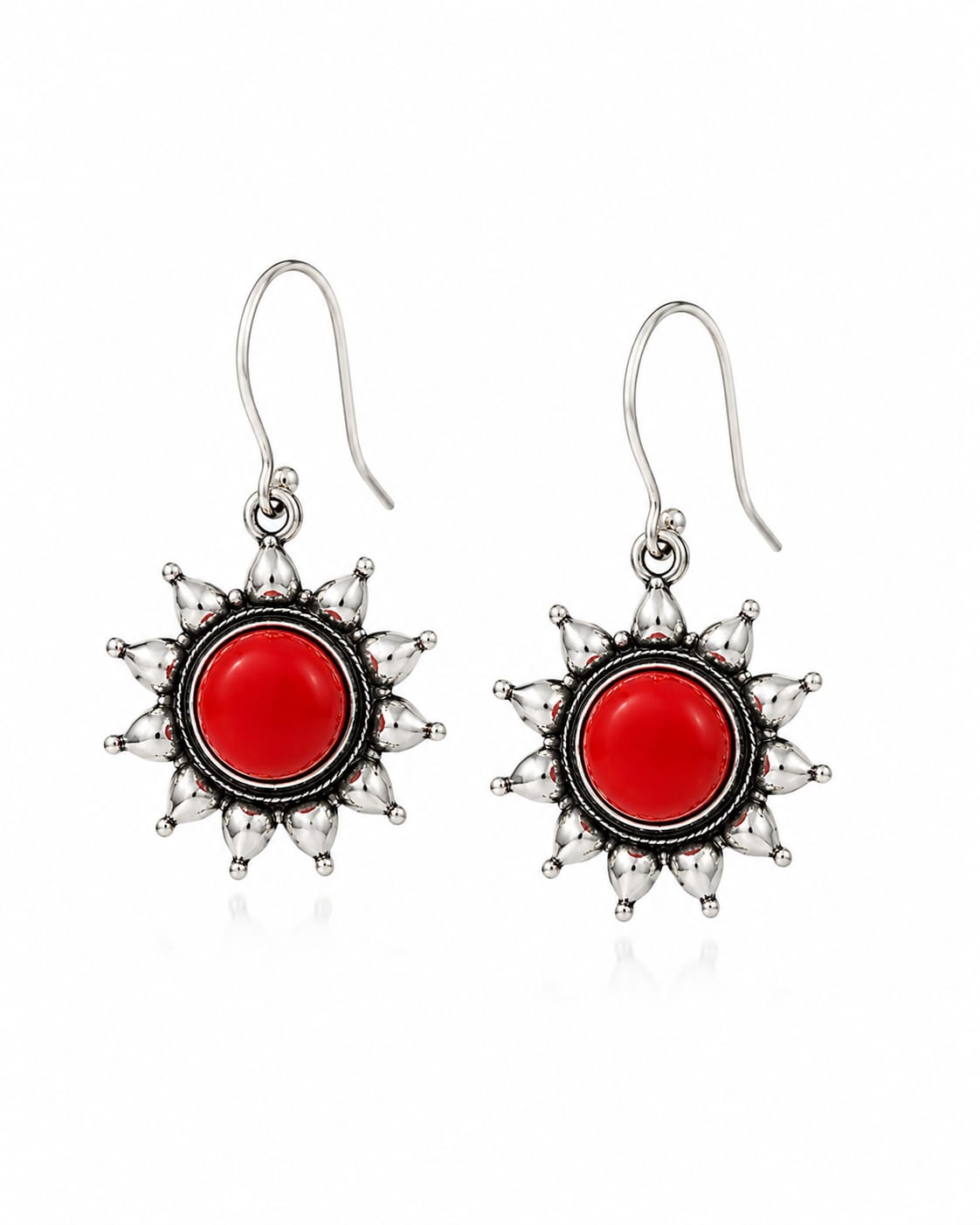 Anaar Oxidised Silver Red Coral Sunburst Drop Earrings for Women