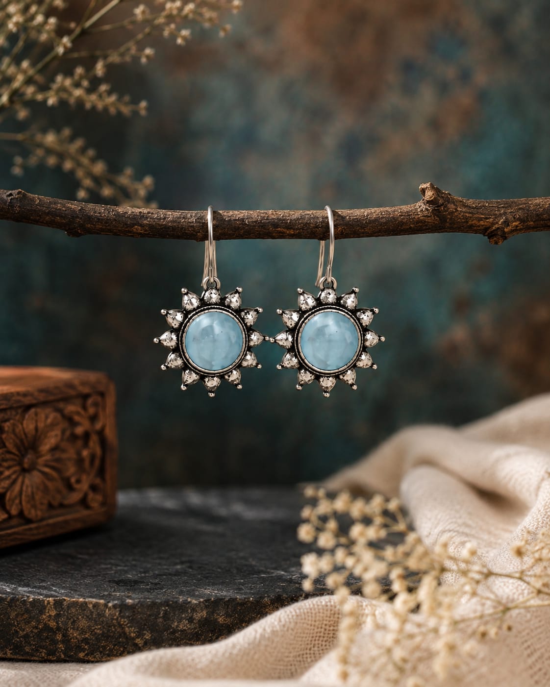 Neelam Oxidised Silver Blue Stone Sunburst Drop Earrings for Women