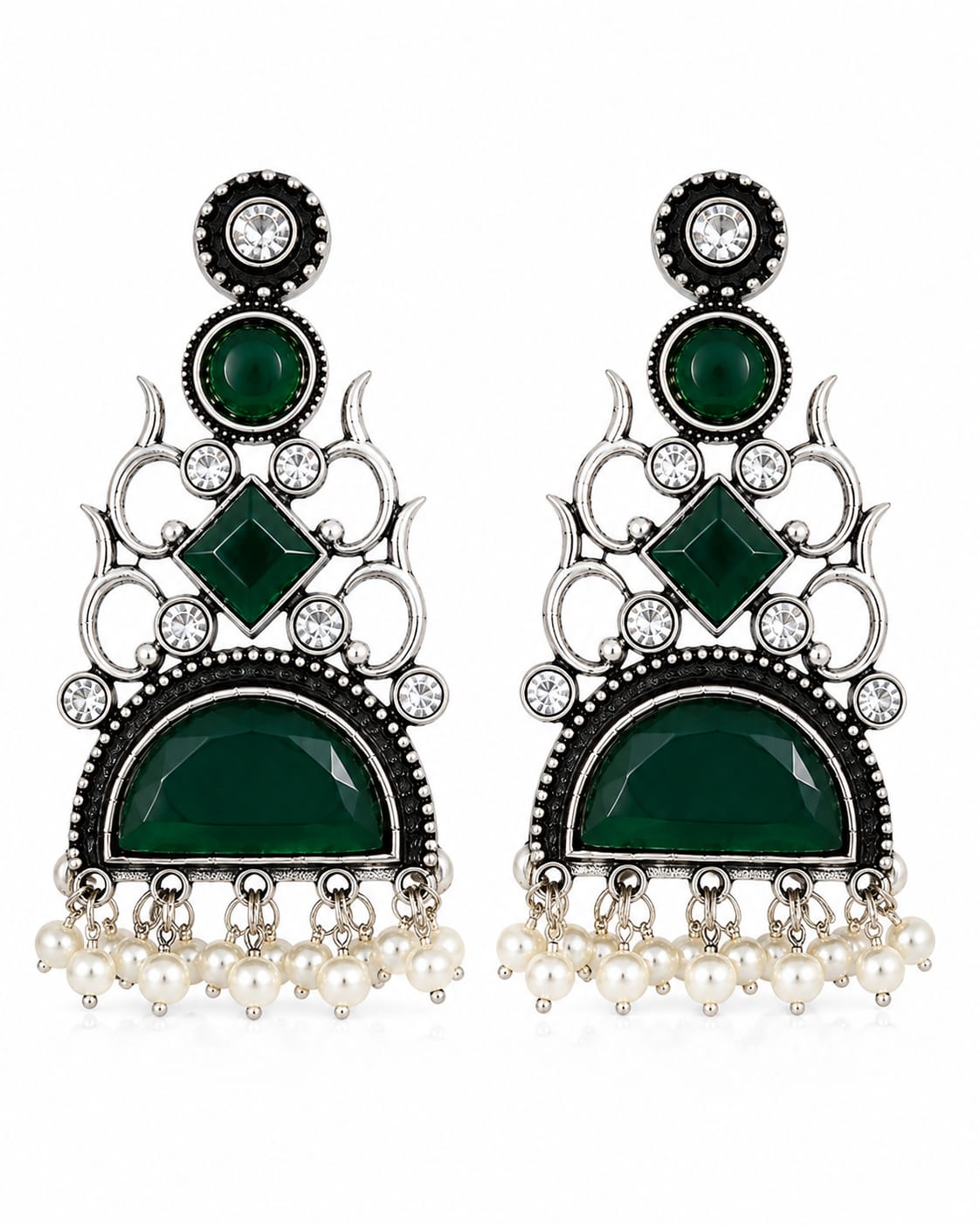 Zumurrud Oxidised Silver Green Stone Pearl Chandbali Earrings for Women
