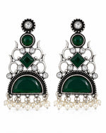 Zumurrud Oxidised Silver Green Stone Pearl Chandbali Earrings for Women
