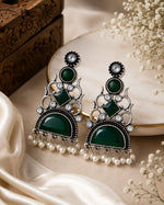 Zumurrud Oxidised Silver Green Stone Pearl Chandbali Earrings for Women