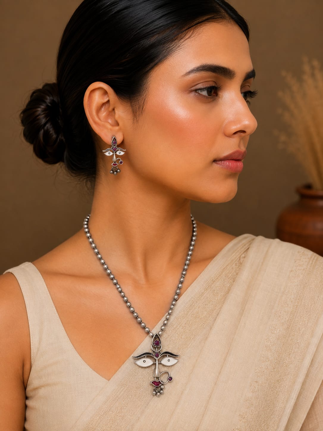 Bhairavi Oxidised Silver Devi Face Temple Necklace Set for Women