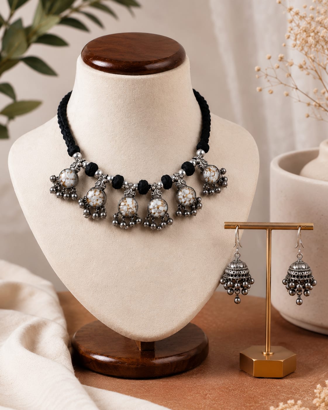 Kaali Oxidised Silver Black Cord Ghungroo Choker Necklace Set for Women