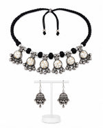 Kaali Oxidised Silver Black Cord Ghungroo Choker Necklace Set for Women