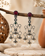 Ruhaani Oxidised Silver Pink and Green Stone Pearl Chandelier Earrings for Women