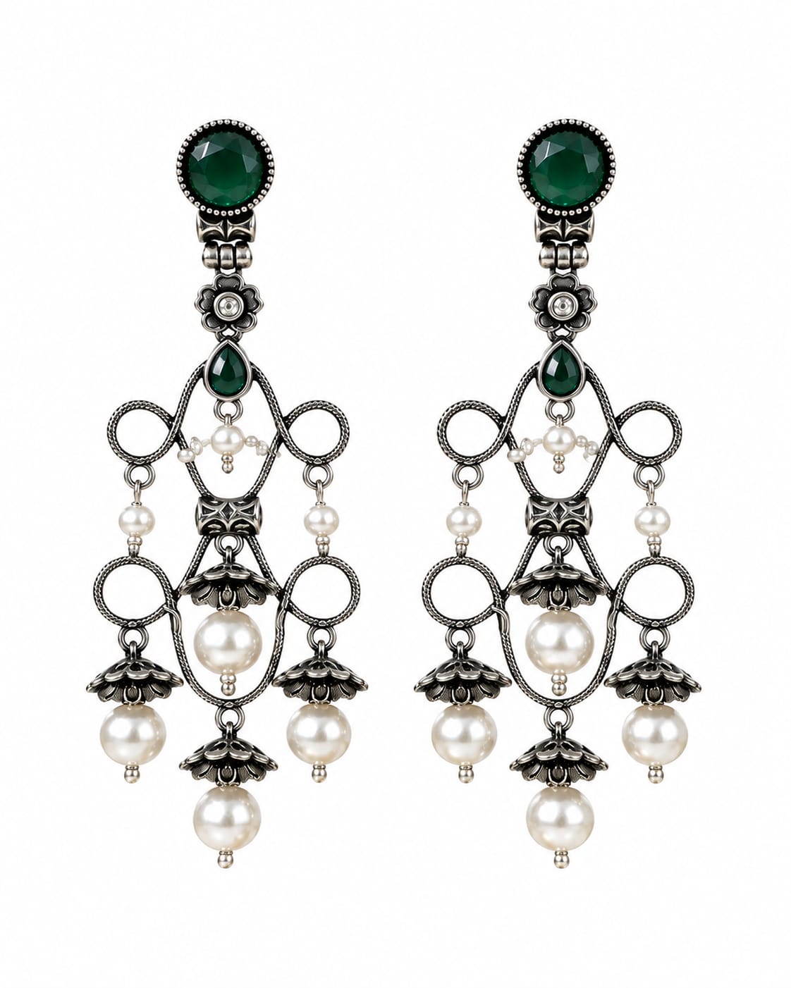 Zaitoon Oxidised Silver Green Stone Pearl Chandelier Earrings for Women