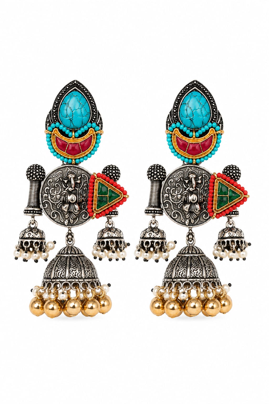 Firoza Oxidised Silver Turquoise Meenakari Triple Jhumka Earrings for Women