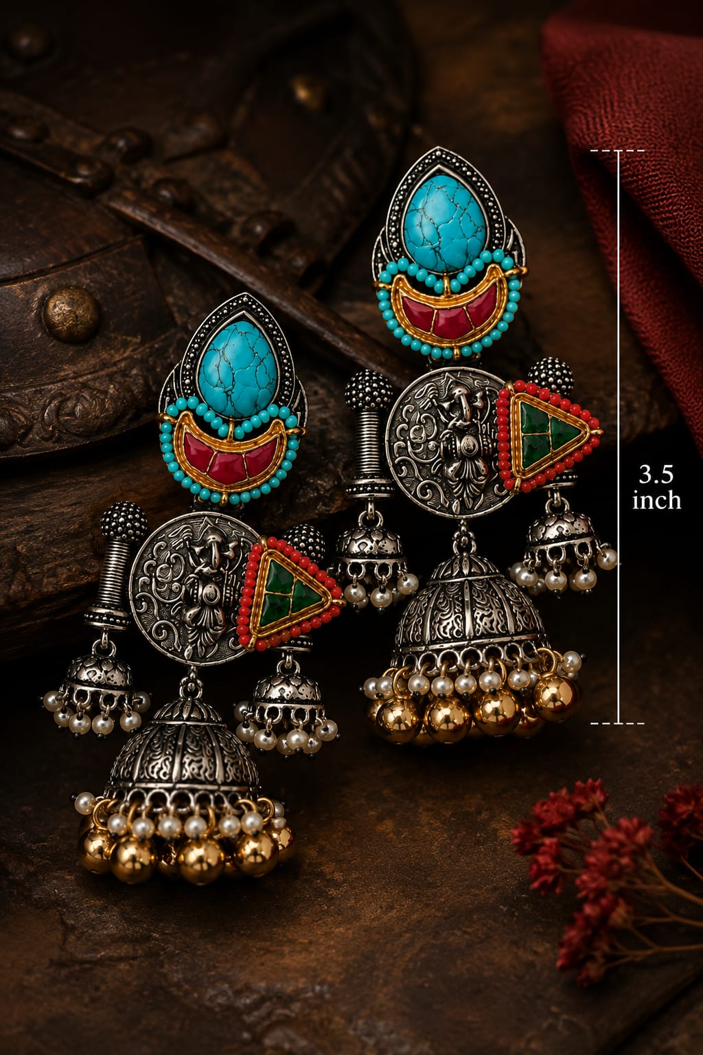 Firoza Oxidised Silver Turquoise Meenakari Triple Jhumka Earrings for Women