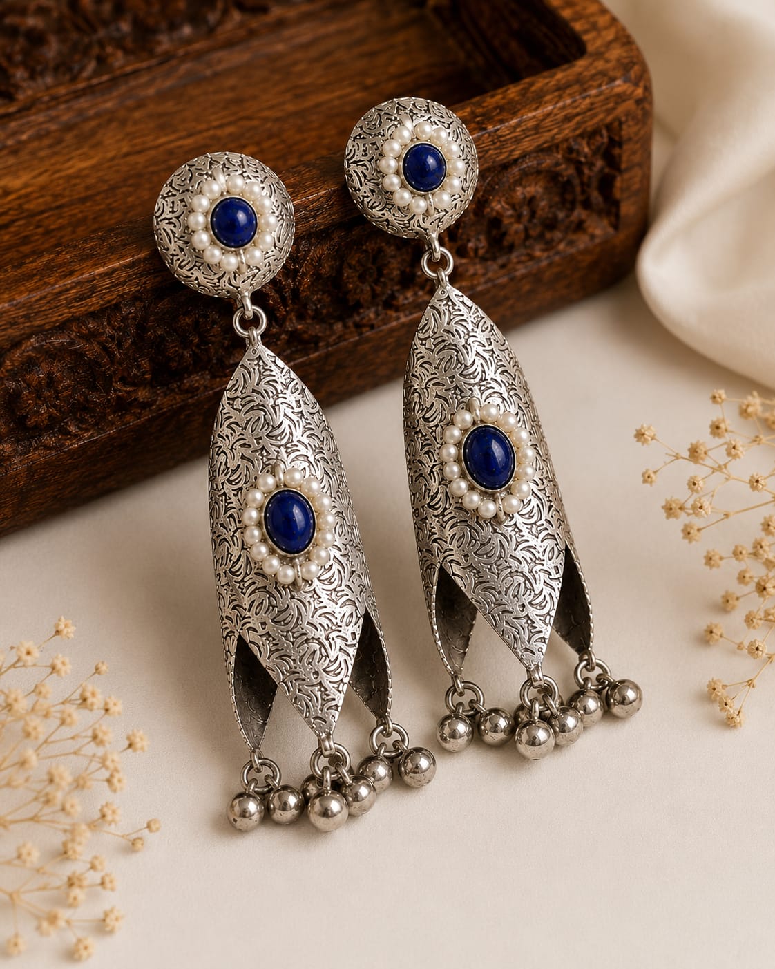 Neelofar Oxidised Silver Lapis Blue Stone Leaf Dangler Earrings for Women