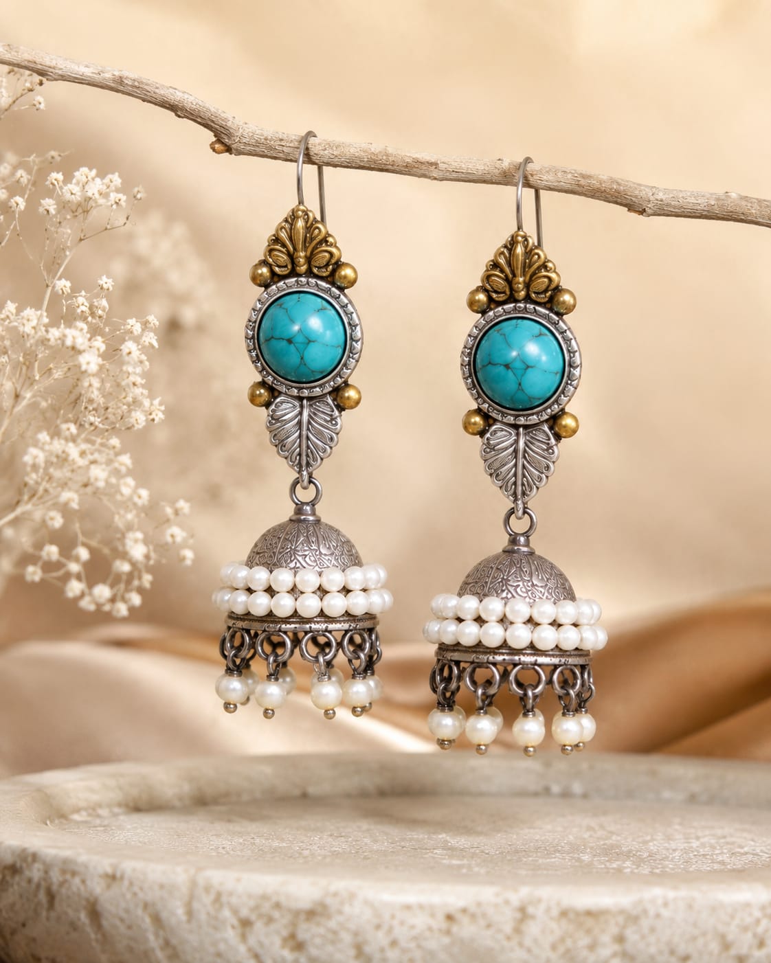 Nazneen Dual Tone Turquoise Stone Pearl Jhumka Earrings for Women