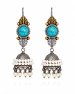 Nazneen Dual Tone Turquoise Stone Pearl Jhumka Earrings for Women