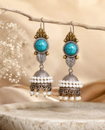 Nazneen Dual Tone Turquoise Stone Pearl Jhumka Earrings for Women