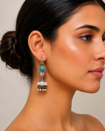 Nazneen Dual Tone Turquoise Stone Pearl Jhumka Earrings for Women