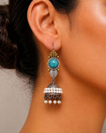 Nazneen Dual Tone Turquoise Stone Pearl Jhumka Earrings for Women