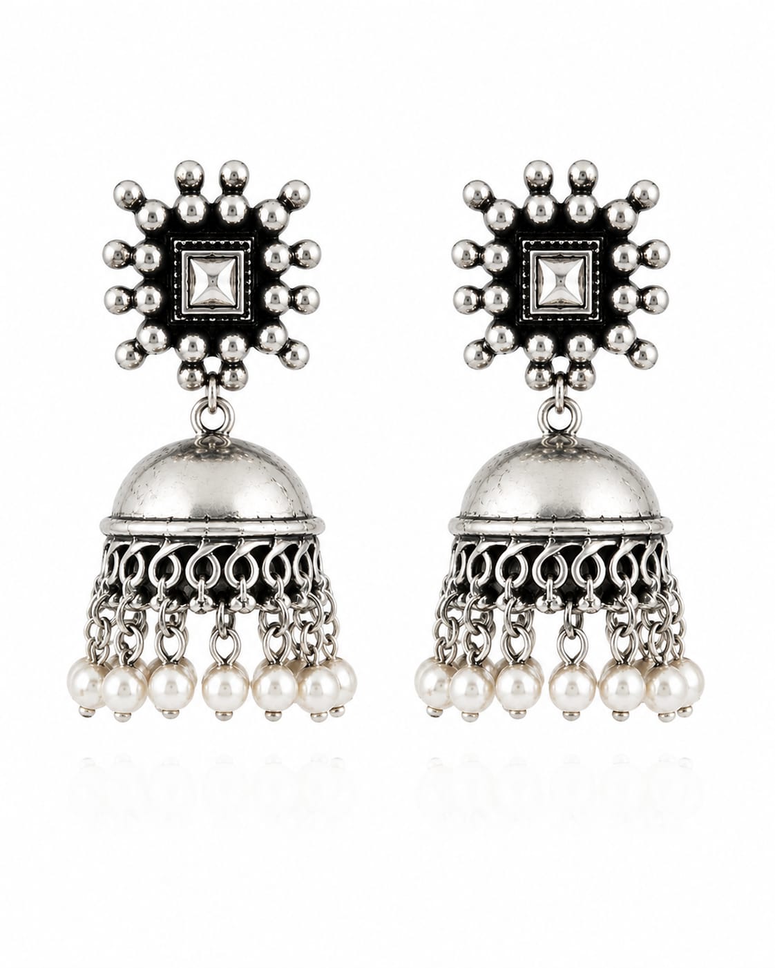Noorjahan Oxidised Silver Kundan Pearl Dome Jhumka Earrings for Women