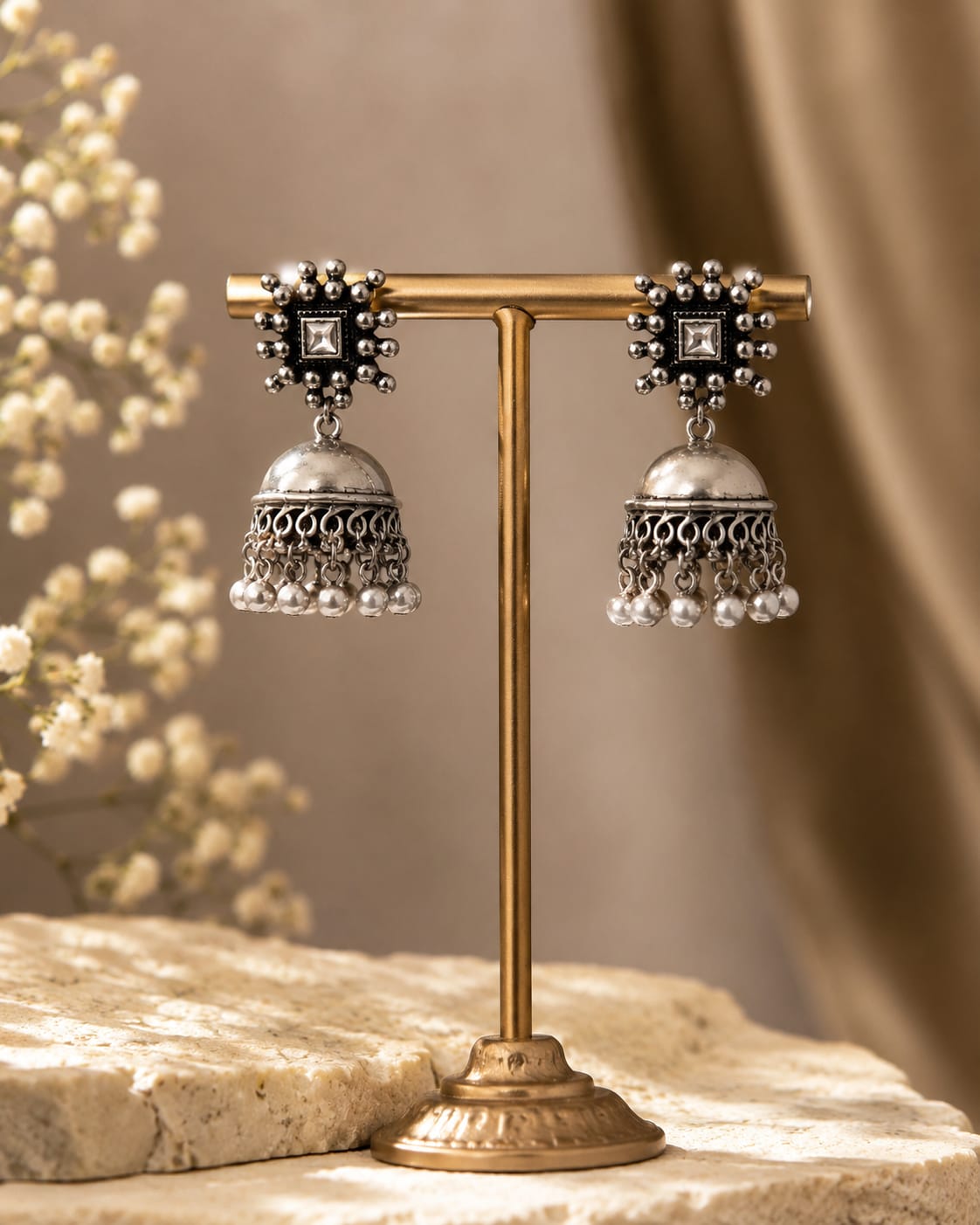 Noorjahan Oxidised Silver Kundan Pearl Dome Jhumka Earrings for Women