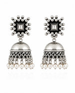 Noorjahan Oxidised Silver Kundan Pearl Dome Jhumka Earrings for Women