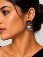 Noorjahan Oxidised Silver Kundan Pearl Dome Jhumka Earrings for Women