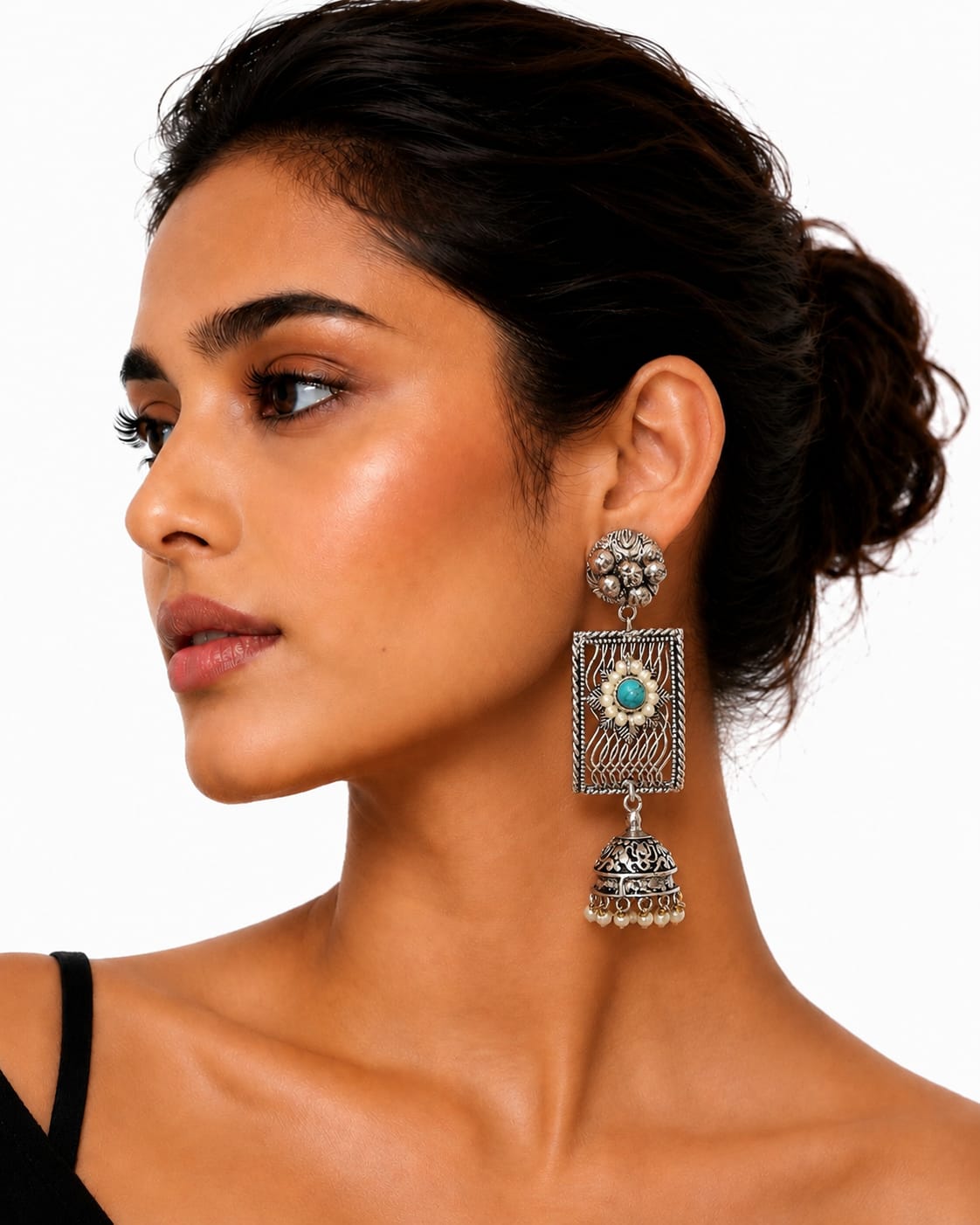 Piroza Oxidised Silver Turquoise Filigree Jhumka Earrings for Women
