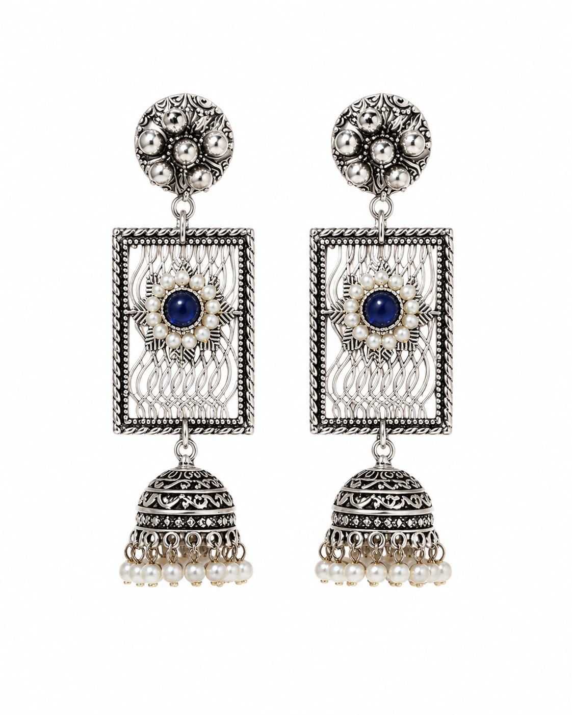 Nilambari Oxidised Silver Lapis Blue Filigree Jhumka Earrings for Women