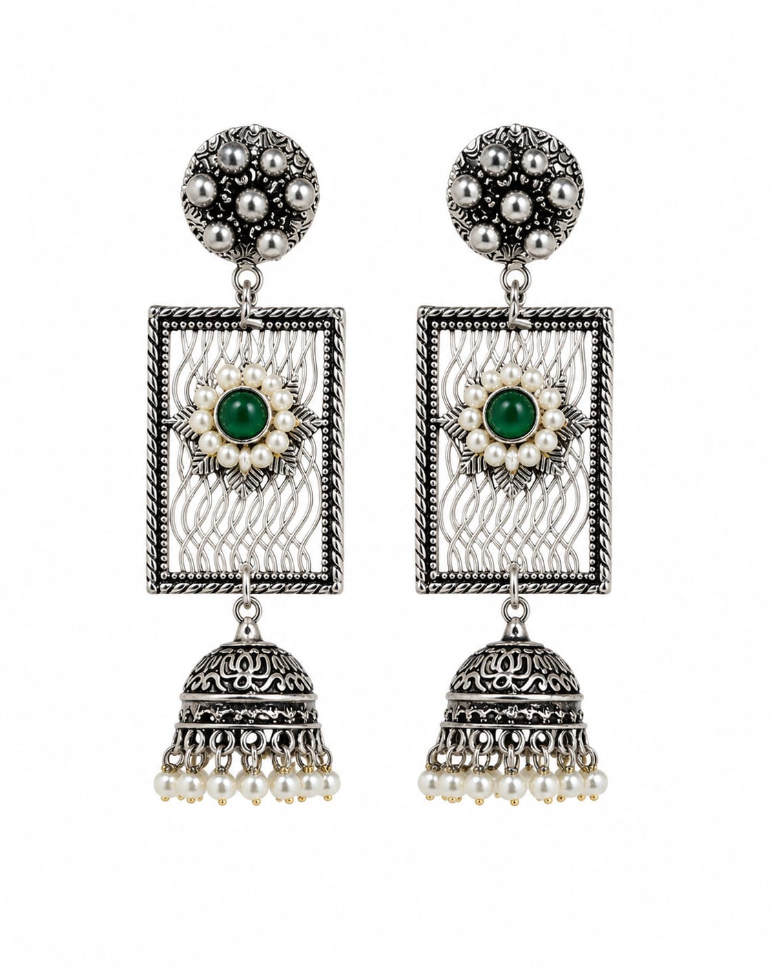 Hariyali Oxidised Silver Green Stone Filigree Jhumka Earrings for Women