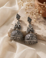 Morni Oxidised Silver Peacock Motif Dome Jhumka Earrings for Women