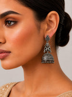 Morni Oxidised Silver Peacock Motif Dome Jhumka Earrings for Women