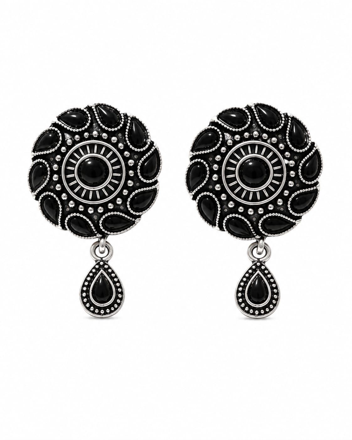 Kajal Oxidised Silver Black Stone Round Drop Earrings for Women