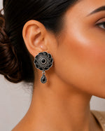 Kajal Oxidised Silver Black Stone Round Drop Earrings for Women