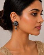 Kajal Oxidised Silver Black Stone Round Drop Earrings for Women