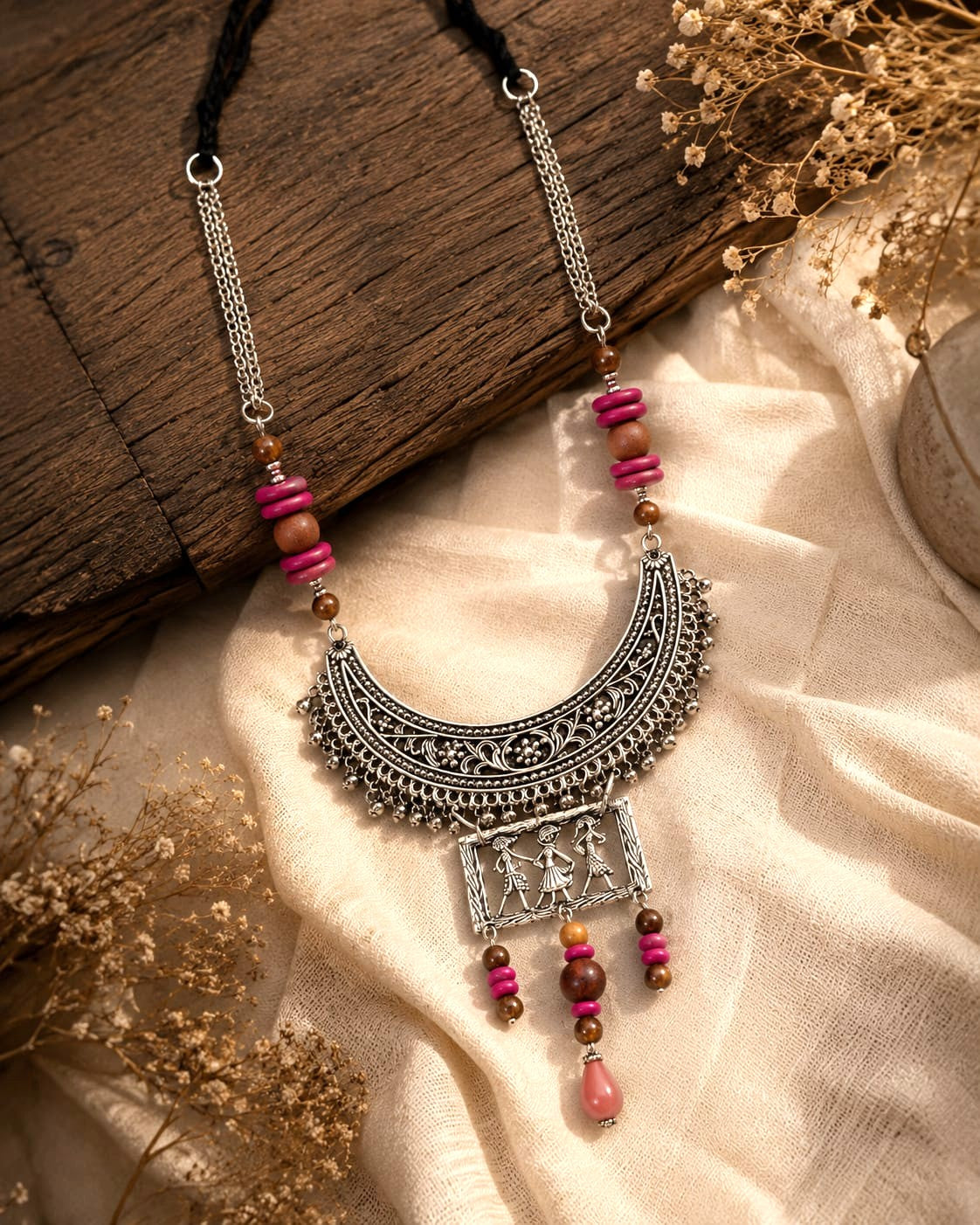 Chandravali Oxidised Silver Crescent Hasli Dhokra Figure Tribal Necklace for Women