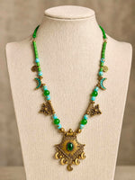Zagora Antique Gold Green Stone Amulet Moroccan Berber Tribal Necklace for Women