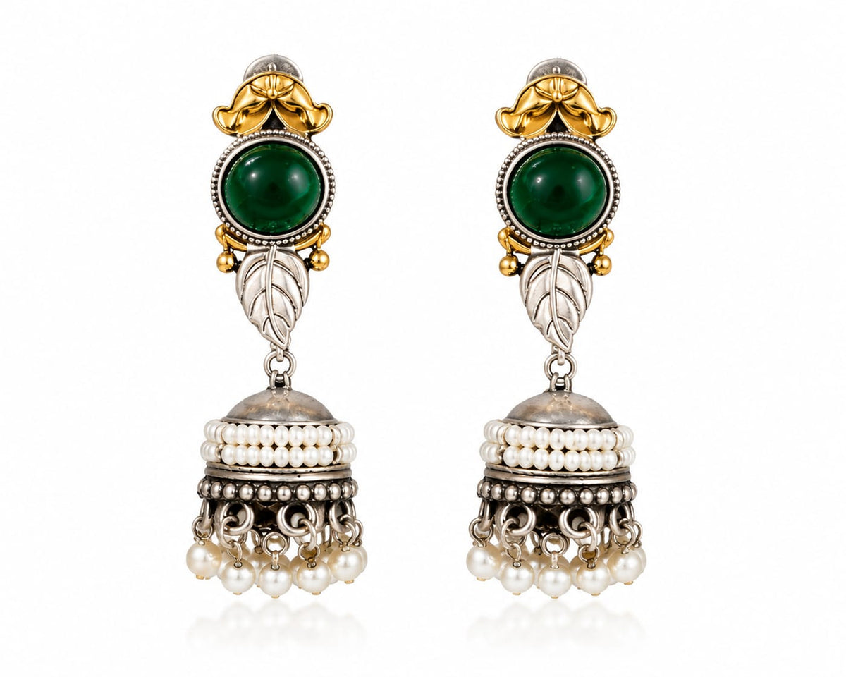 Saanjh Dual Tone Green Stone Pearl Jhumka Earrings for Women