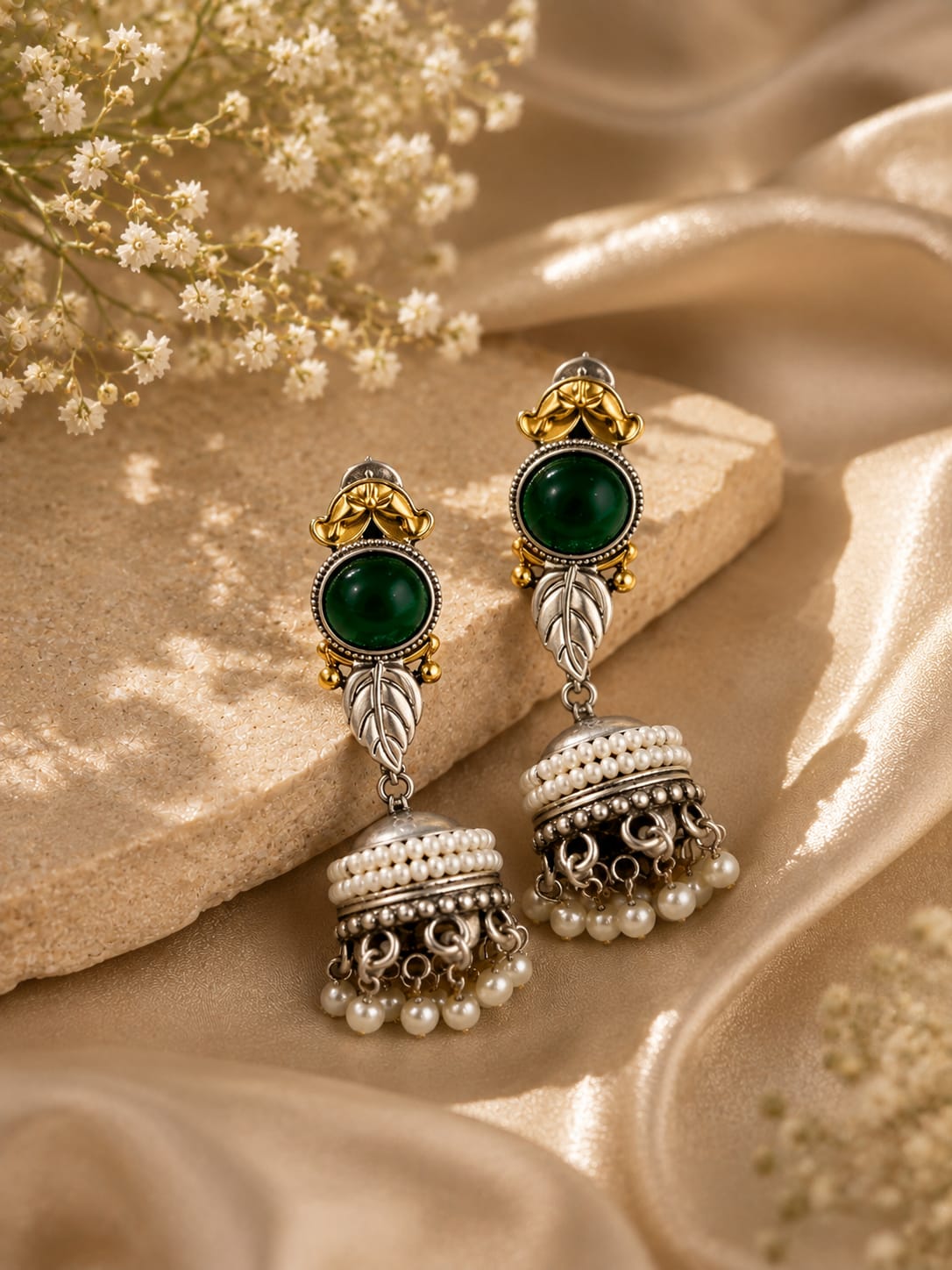 Saanjh Dual Tone Green Stone Pearl Jhumka Earrings for Women