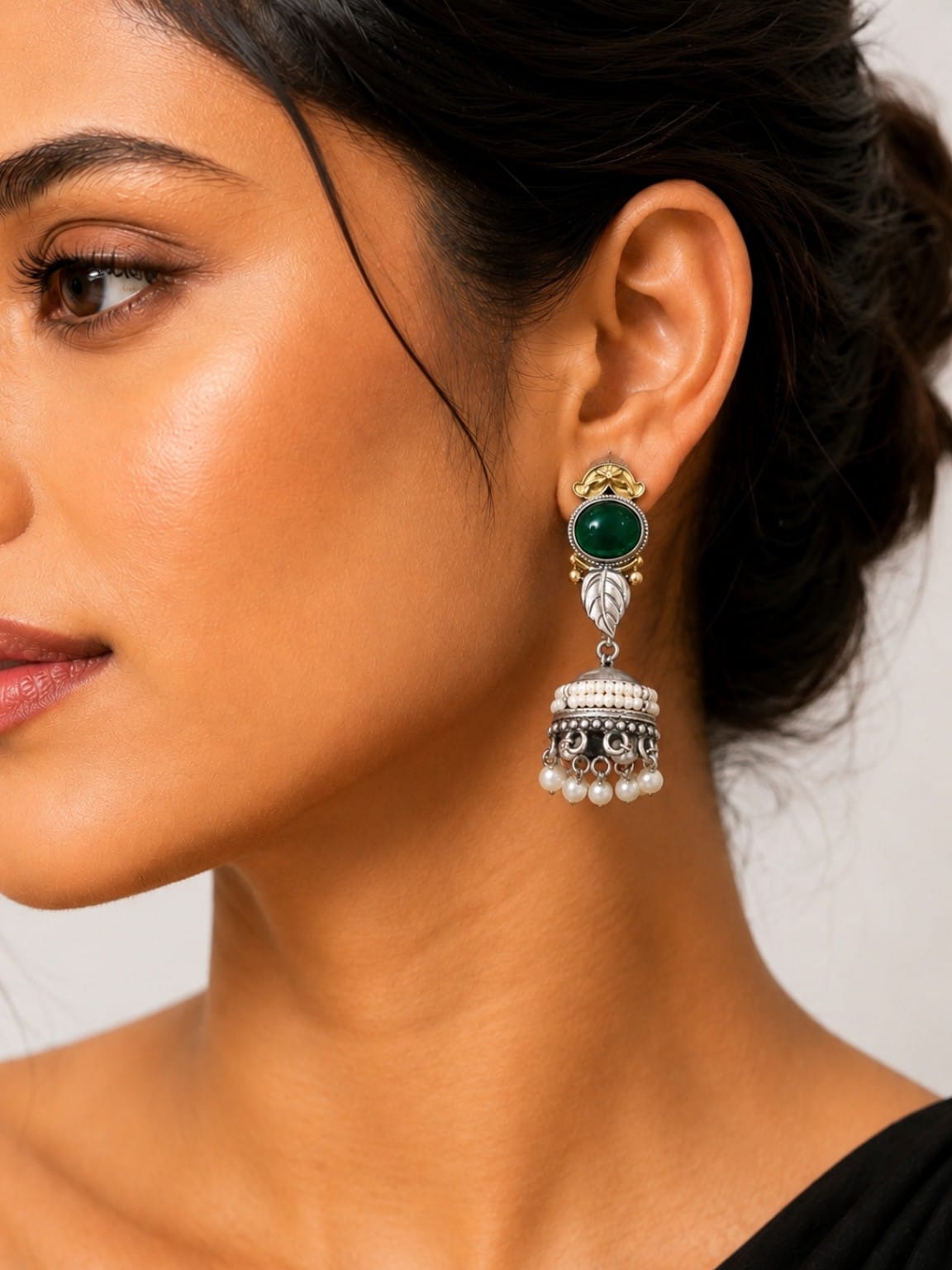 Saanjh Dual Tone Green Stone Pearl Jhumka Earrings for Women