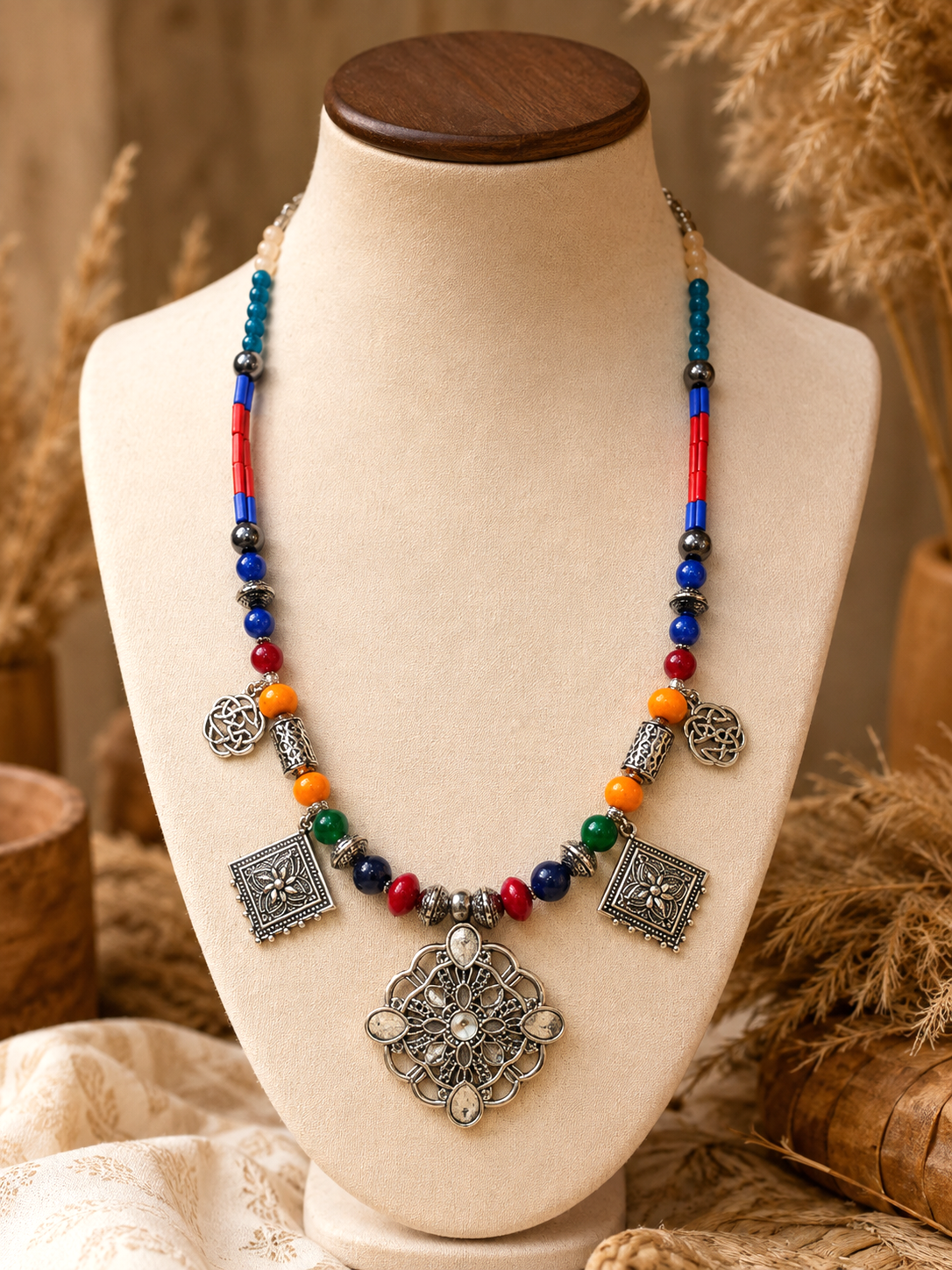 Rangrez Oxidised Silver Filigree Diamond Multicolour Bead Necklace for Women