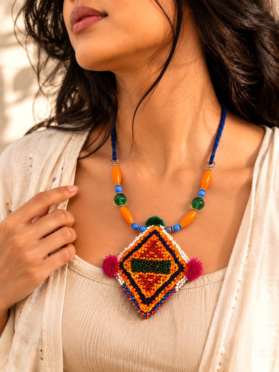 Phulwari Banjara Beadwork Square Pom Pom Tribal Necklace for Women